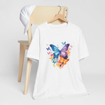 Colorful Butterfly Unisex Jersey Tee, Floral Tee, Butterfly Art Shirt, Gift for Nature Lovers, Summer Style, Nature Inspired Apparel Boho Wear