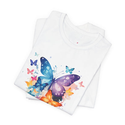 Colorful Butterfly Unisex Jersey Tee, Floral Tee, Butterfly Art Shirt, Gift for Nature Lovers, Summer Style, Nature Inspired Apparel Boho Wear