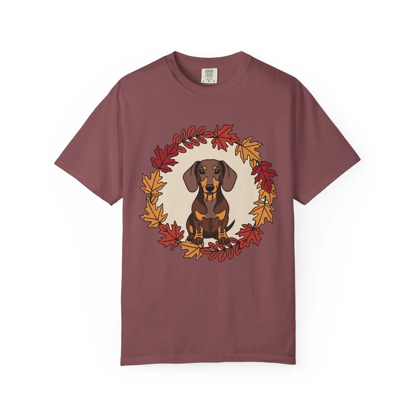 Autumn Dachshund T-Shirt, Fall Dog Lover Tee, Unisex Garment-Dyed Shirt, Cute Pet Apparel, Cozy Seasonal Gift Printify
