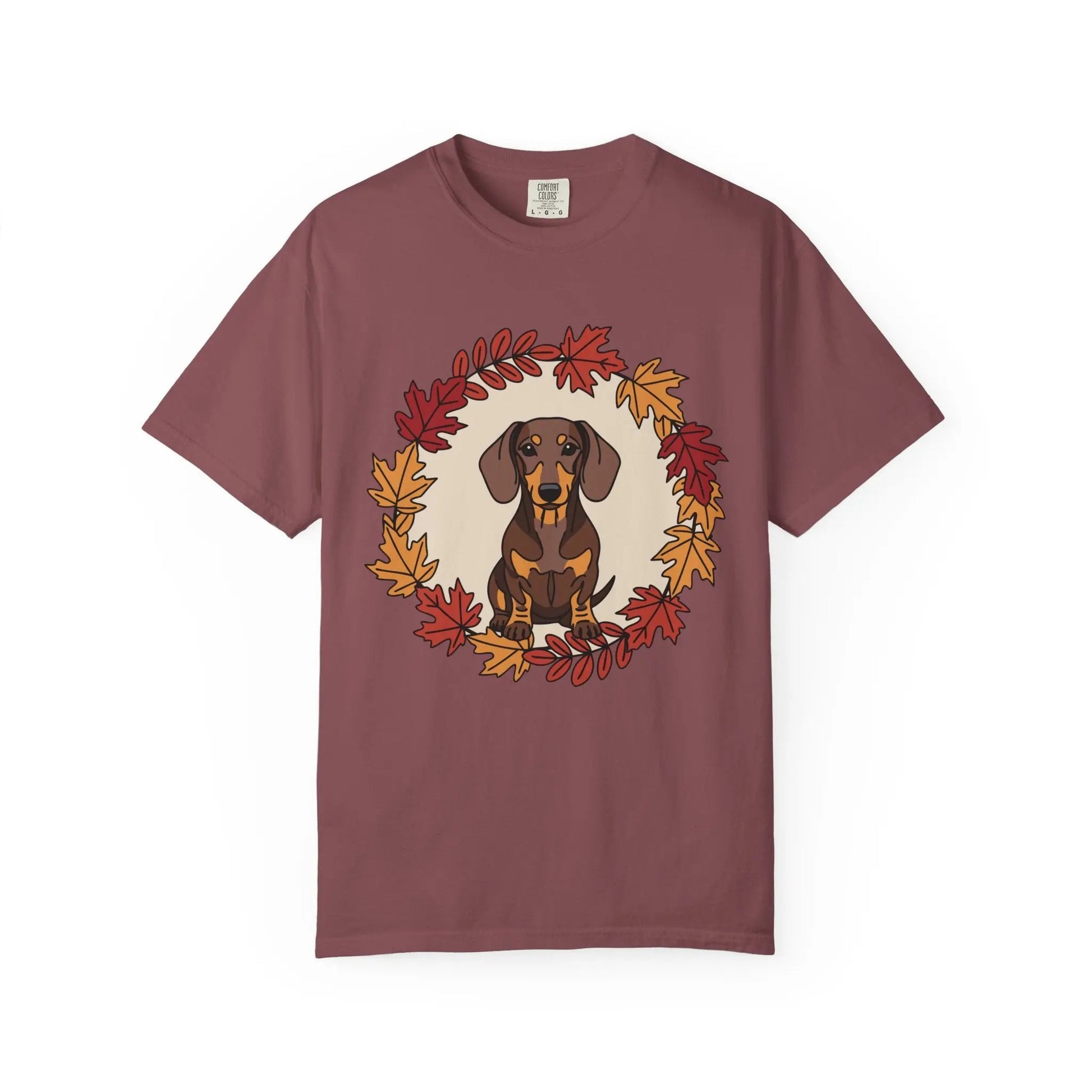 Autumn Dachshund T-Shirt, Fall Dog Lover Tee, Unisex Garment-Dyed Shirt, Cute Pet Apparel, Cozy Seasonal Gift Printify