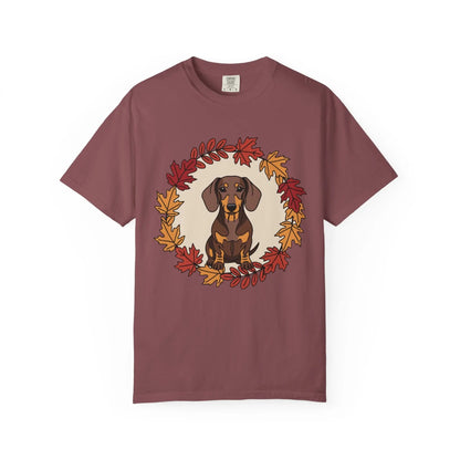 Autumn Dachshund T-Shirt, Fall Dog Lover Tee, Unisex Garment-Dyed Shirt, Cute Pet Apparel, Cozy Seasonal Gift Printify