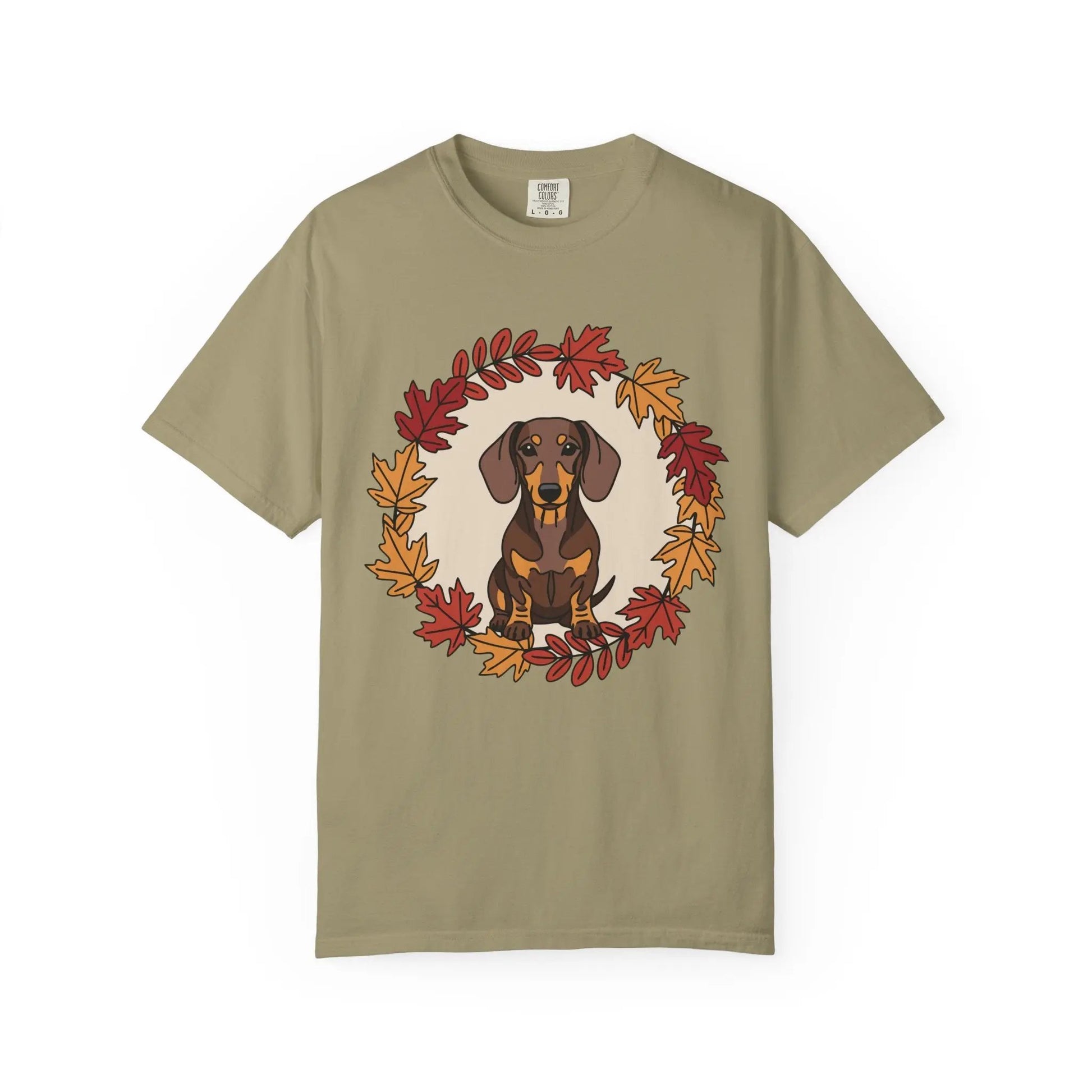 Autumn Dachshund T-Shirt, Fall Dog Lover Tee, Unisex Garment-Dyed Shirt, Cute Pet Apparel, Cozy Seasonal Gift Printify