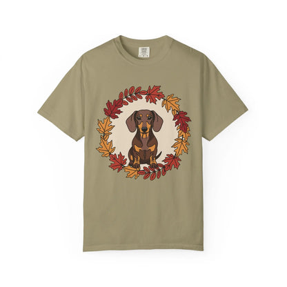 Autumn Dachshund T-Shirt, Fall Dog Lover Tee, Unisex Garment-Dyed Shirt, Cute Pet Apparel, Cozy Seasonal Gift Printify