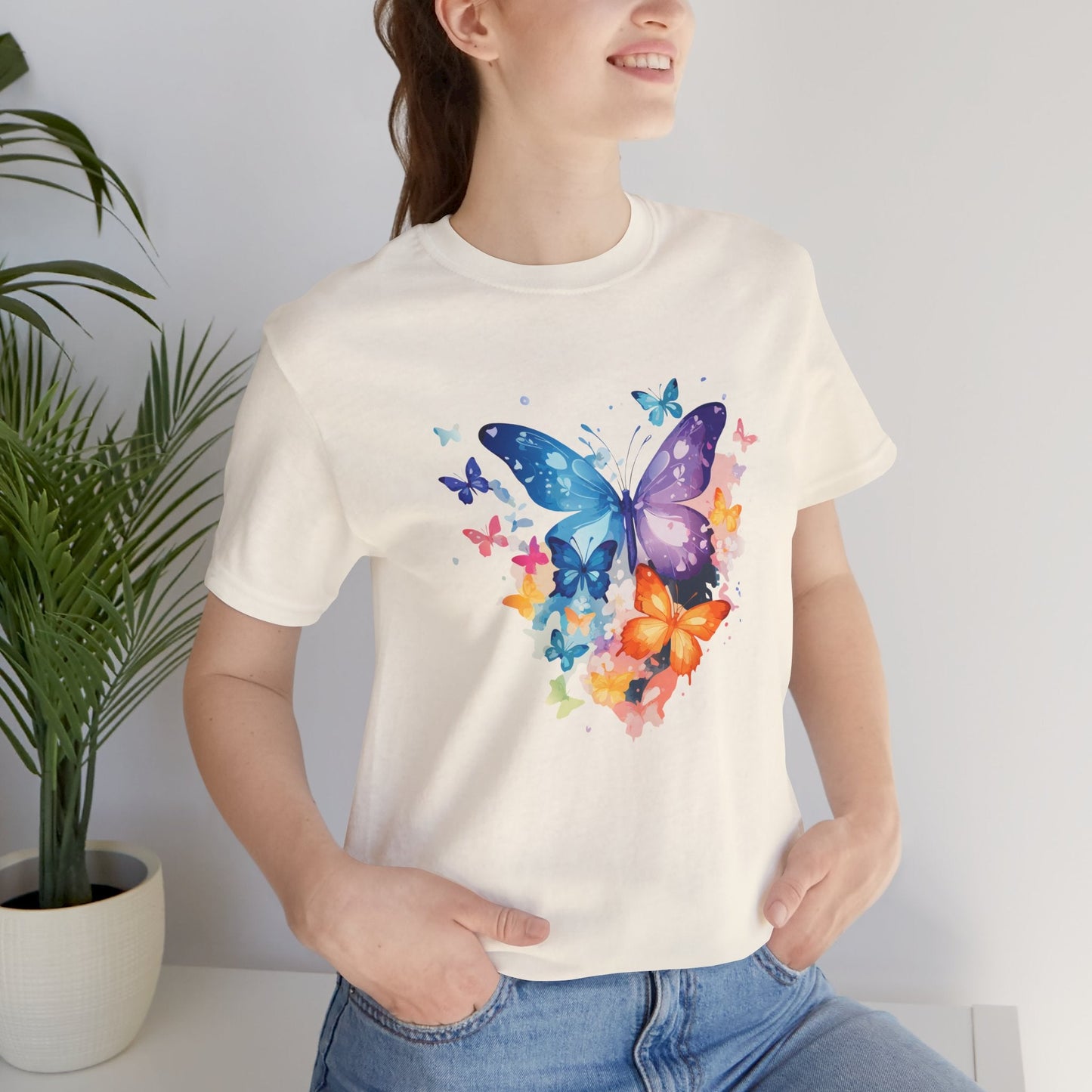 Colorful Butterfly Unisex Jersey Tee, Floral Tee, Butterfly Art Shirt, Gift for Nature Lovers, Summer Style, Nature Inspired Apparel Boho Wear