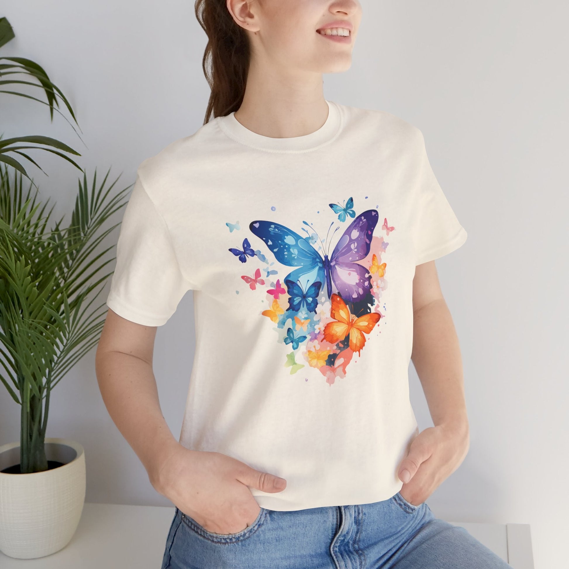Colorful Butterfly Unisex Jersey Tee, Floral Tee, Butterfly Art Shirt, Gift for Nature Lovers, Summer Style, Nature Inspired Apparel Boho Wear