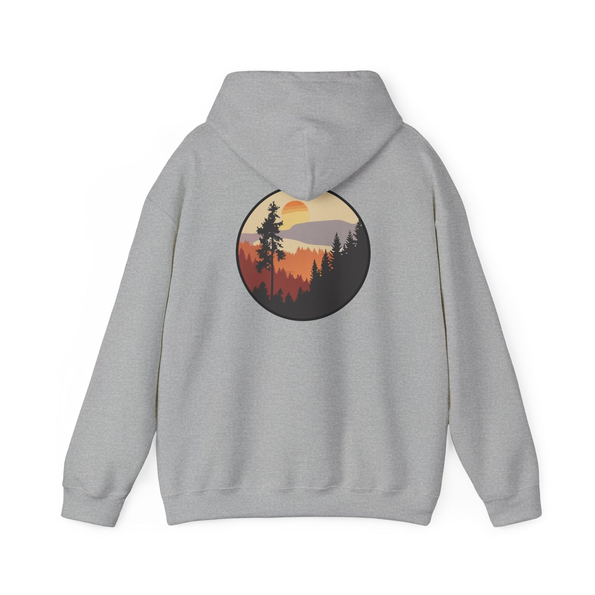Hooded Sweatshirt GEMLON Sunset Pine Camping Retro Sun Print Graphic Printify