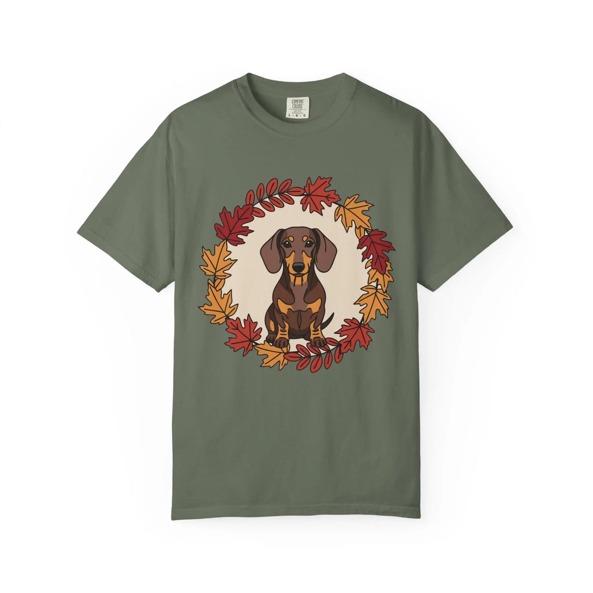 Autumn Dachshund T-Shirt, Fall Dog Lover Tee, Unisex Garment-Dyed Shirt, Cute Pet Apparel, Cozy Seasonal Gift Printify