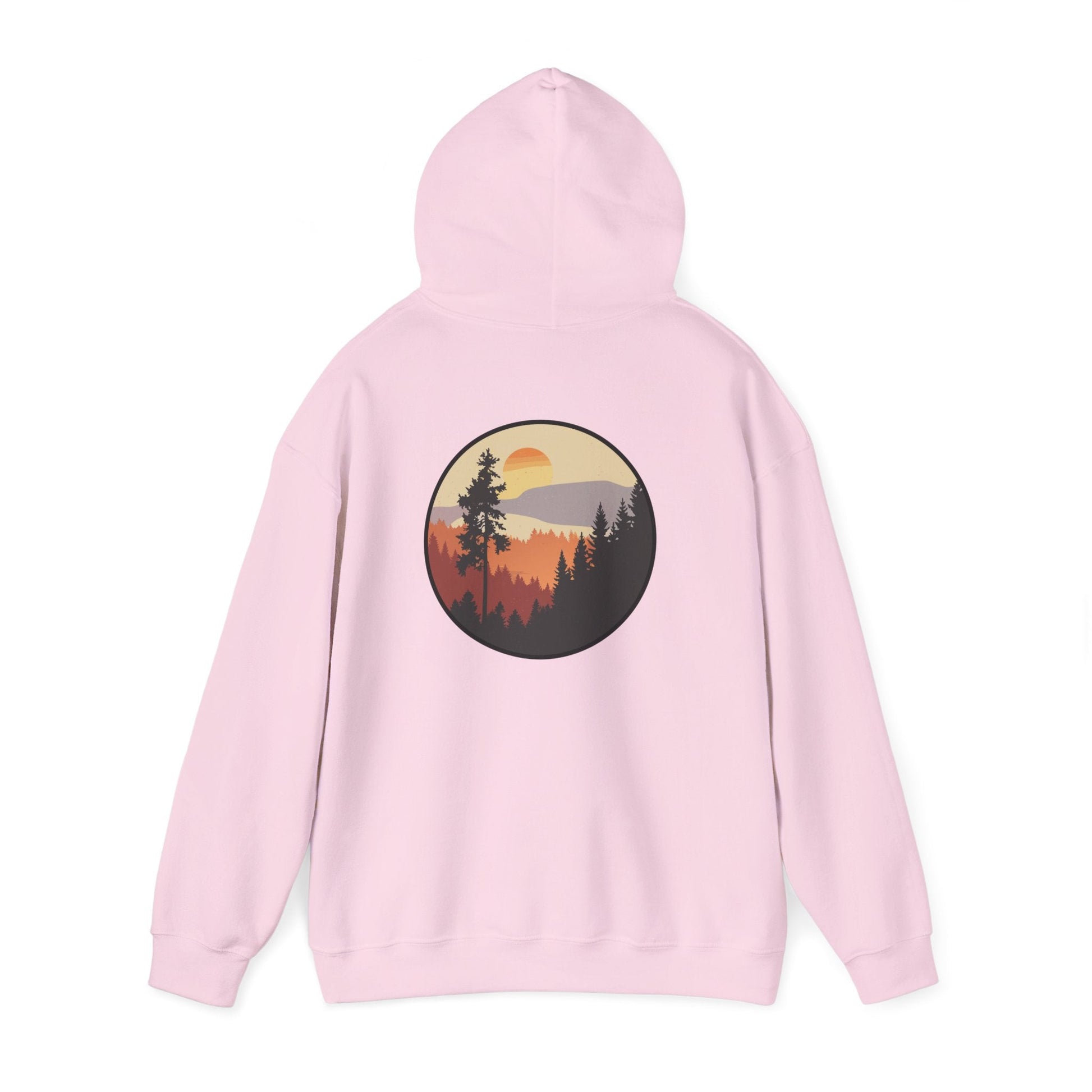 Hooded Sweatshirt GEMLON Sunset Pine Camping Retro Sun Print Graphic Printify
