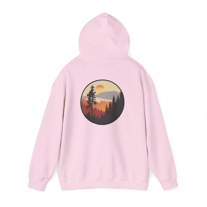 Hooded Sweatshirt GEMLON Sunset Pine Camping Retro Sun Print Graphic Printify