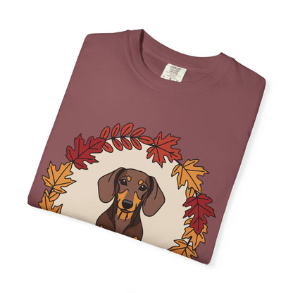 Autumn Dachshund T-Shirt, Fall Dog Lover Tee, Unisex Garment-Dyed Shirt, Cute Pet Apparel, Cozy Seasonal Gift Boho Wear