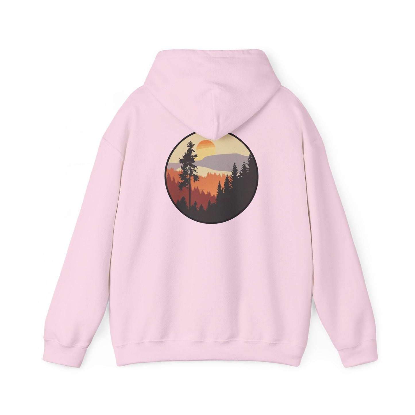 Hooded Sweatshirt GEMLON Sunset Pine Camping Retro Sun Print Graphic Printify