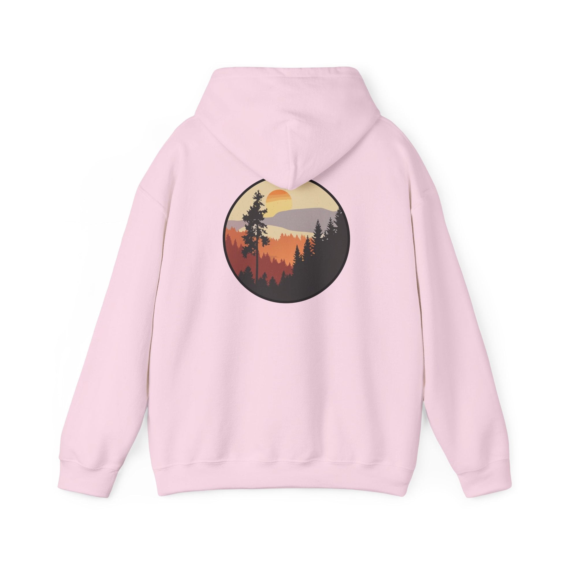 Hooded Sweatshirt GEMLON Sunset Pine Camping Retro Sun Print Graphic Printify