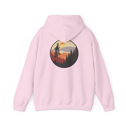 Hooded Sweatshirt GEMLON Sunset Pine Camping Retro Sun Print Graphic Printify