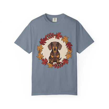Autumn Dachshund T-Shirt, Fall Dog Lover Tee, Unisex Garment-Dyed Shirt, Cute Pet Apparel, Cozy Seasonal Gift Printify