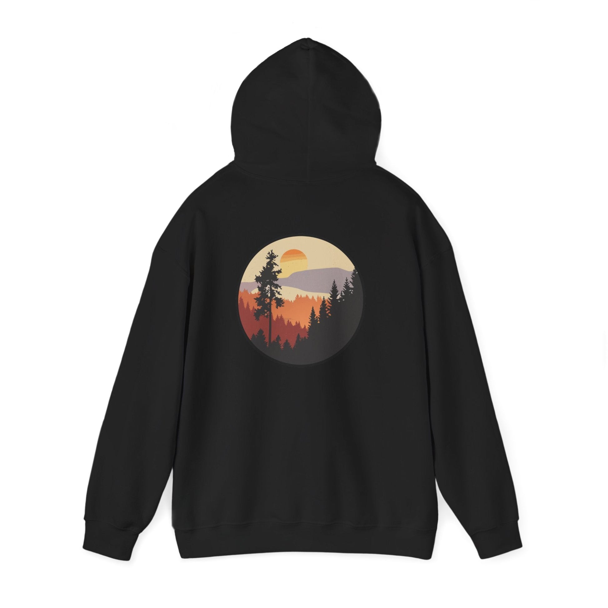 Hooded Sweatshirt GEMLON Sunset Pine Camping Retro Sun Print Graphic Printify