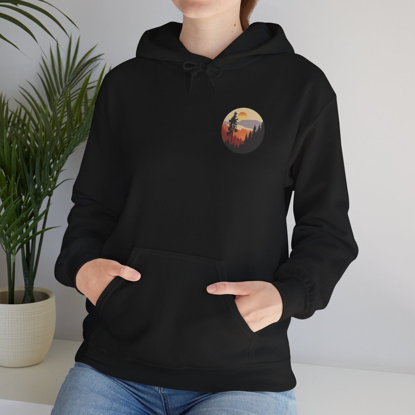 Hooded Sweatshirt GEMLON Sunset Pine Camping Retro Sun Print Graphic Printify