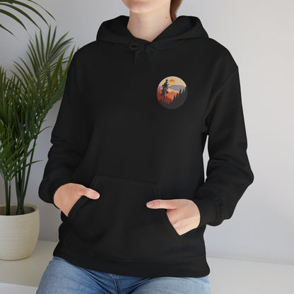 Hooded Sweatshirt GEMLON Sunset Pine Camping Retro Sun Print Graphic Printify