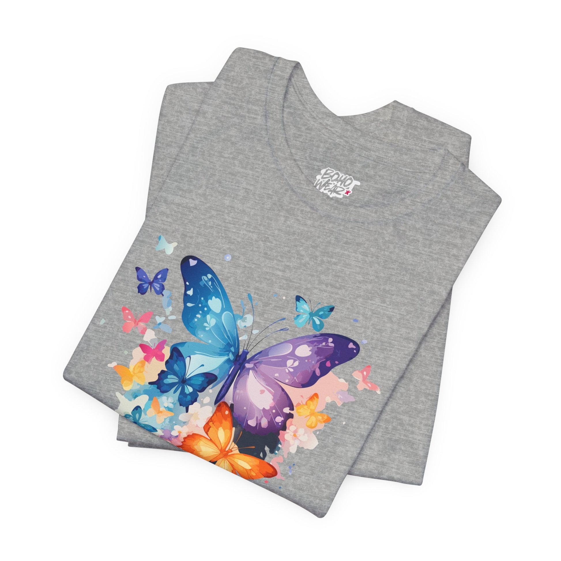 Colorful Butterfly Unisex Jersey Tee, Floral Tee, Butterfly Art Shirt, Gift for Nature Lovers, Summer Style, Nature Inspired Apparel Boho Wear