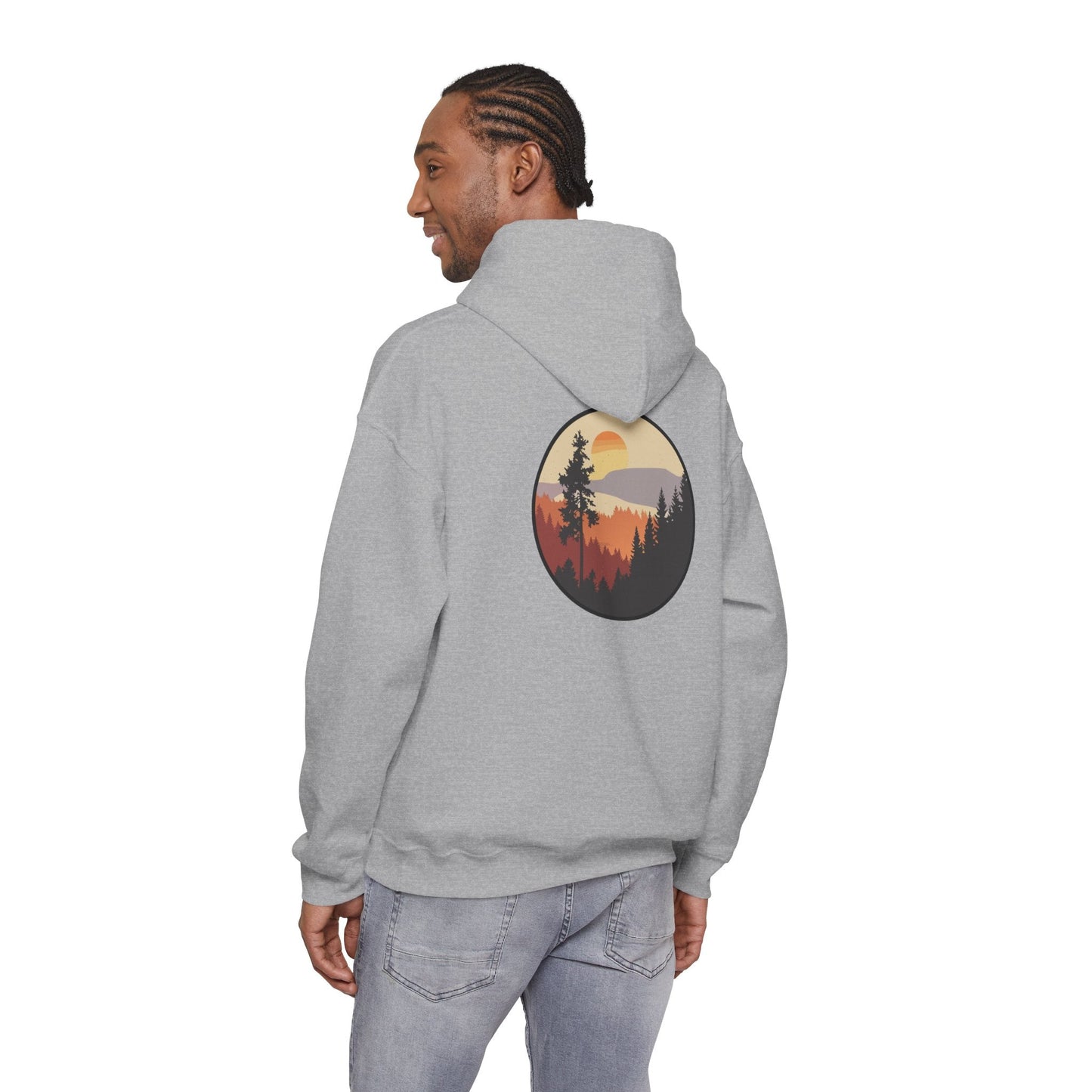 Hooded Sweatshirt GEMLON Sunset Pine Camping Retro Sun Print Graphic Printify
