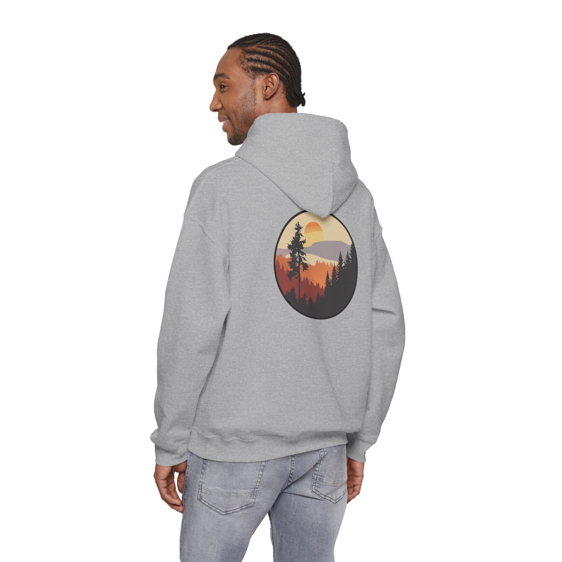 Hooded Sweatshirt GEMLON Sunset Pine Camping Retro Sun Print Graphic Printify