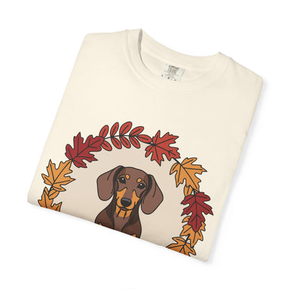 Autumn Dachshund T-Shirt, Fall Dog Lover Tee, Unisex Garment-Dyed Shirt, Cute Pet Apparel, Cozy Seasonal Gift Boho Wear