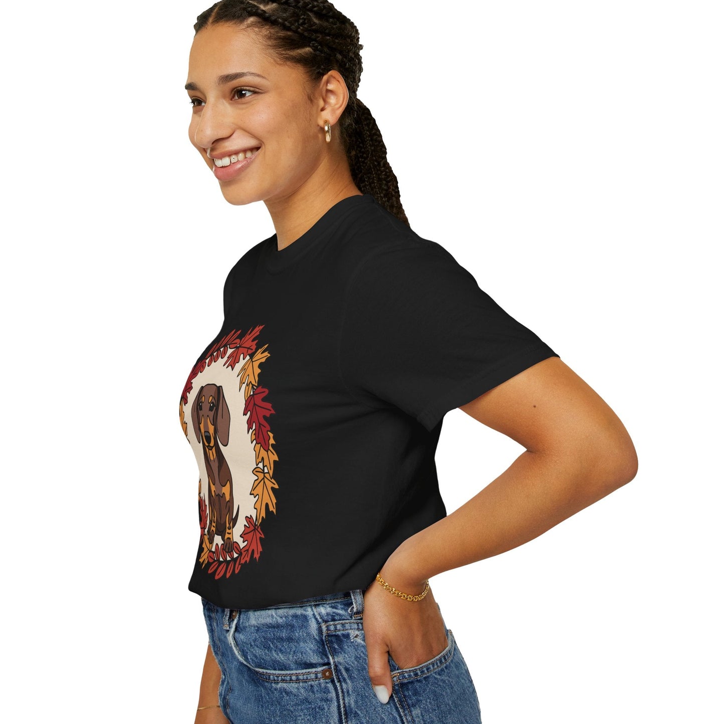 Autumn Dachshund T-Shirt, Fall Dog Lover Tee, Unisex Garment-Dyed Shirt, Cute Pet Apparel, Cozy Seasonal Gift Boho Wear