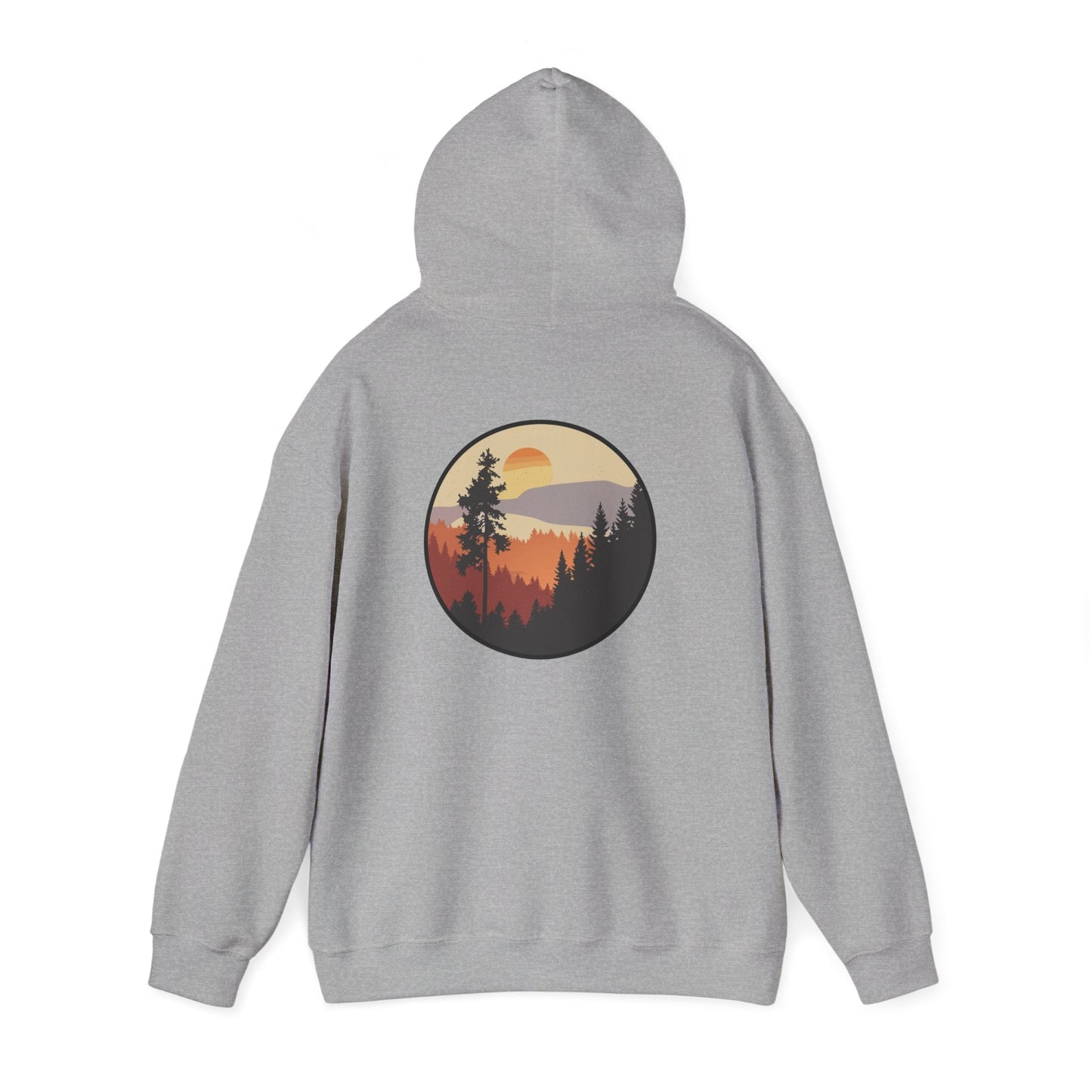 Hooded Sweatshirt GEMLON Sunset Pine Camping Retro Sun Print Graphic Printify