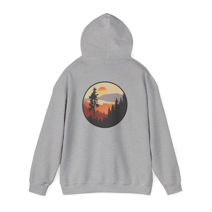 Hooded Sweatshirt GEMLON Sunset Pine Camping Retro Sun Print Graphic Printify