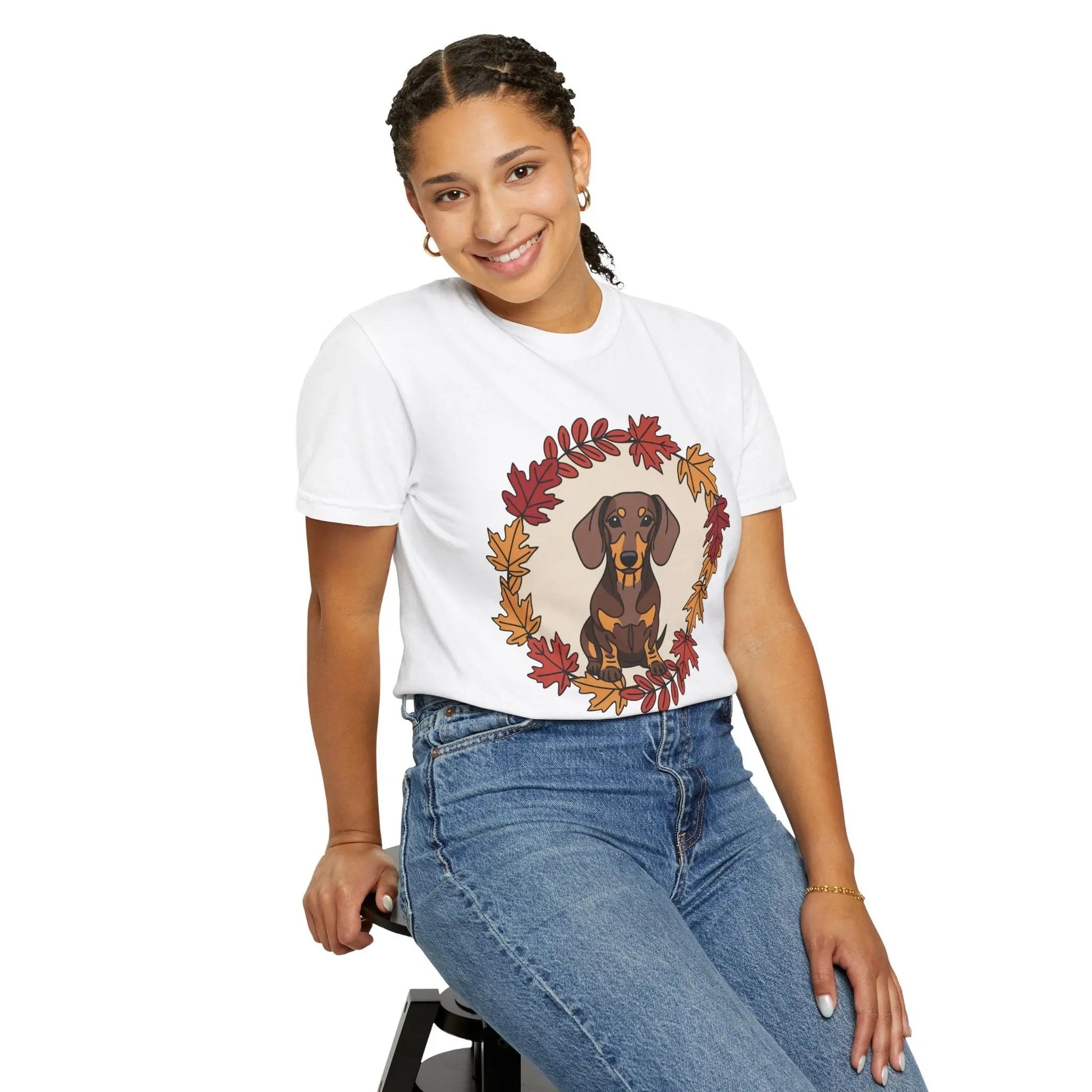 Autumn Dachshund T-Shirt, Fall Dog Lover Tee, Unisex Garment-Dyed Shirt, Cute Pet Apparel, Cozy Seasonal Gift Printify