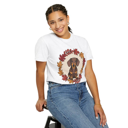Autumn Dachshund T-Shirt, Fall Dog Lover Tee, Unisex Garment-Dyed Shirt, Cute Pet Apparel, Cozy Seasonal Gift Printify