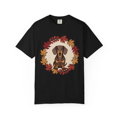 Autumn Dachshund T-Shirt, Fall Dog Lover Tee, Unisex Garment-Dyed Shirt, Cute Pet Apparel, Cozy Seasonal Gift Printify