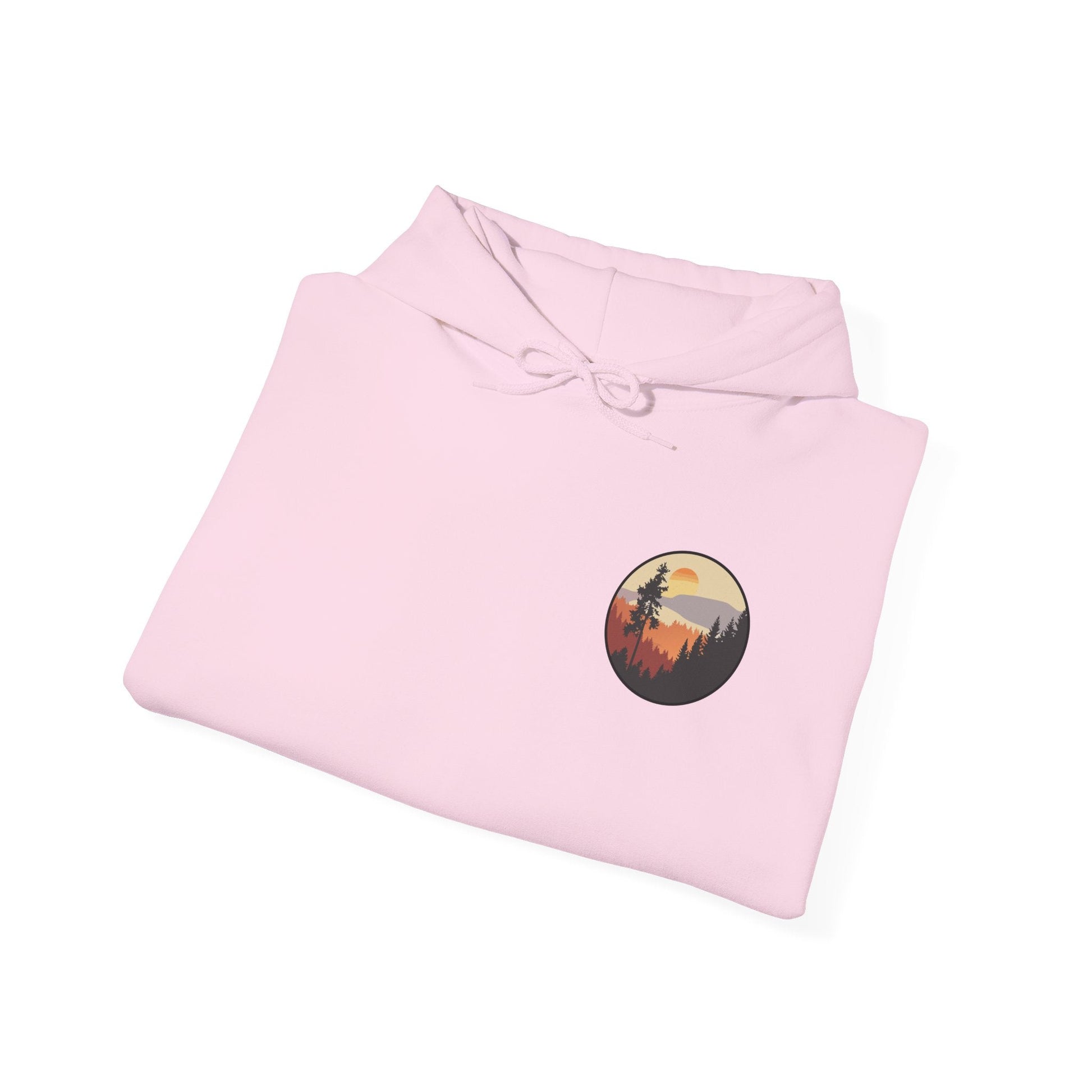 Hooded Sweatshirt GEMLON Sunset Pine Camping Retro Sun Print Graphic Printify