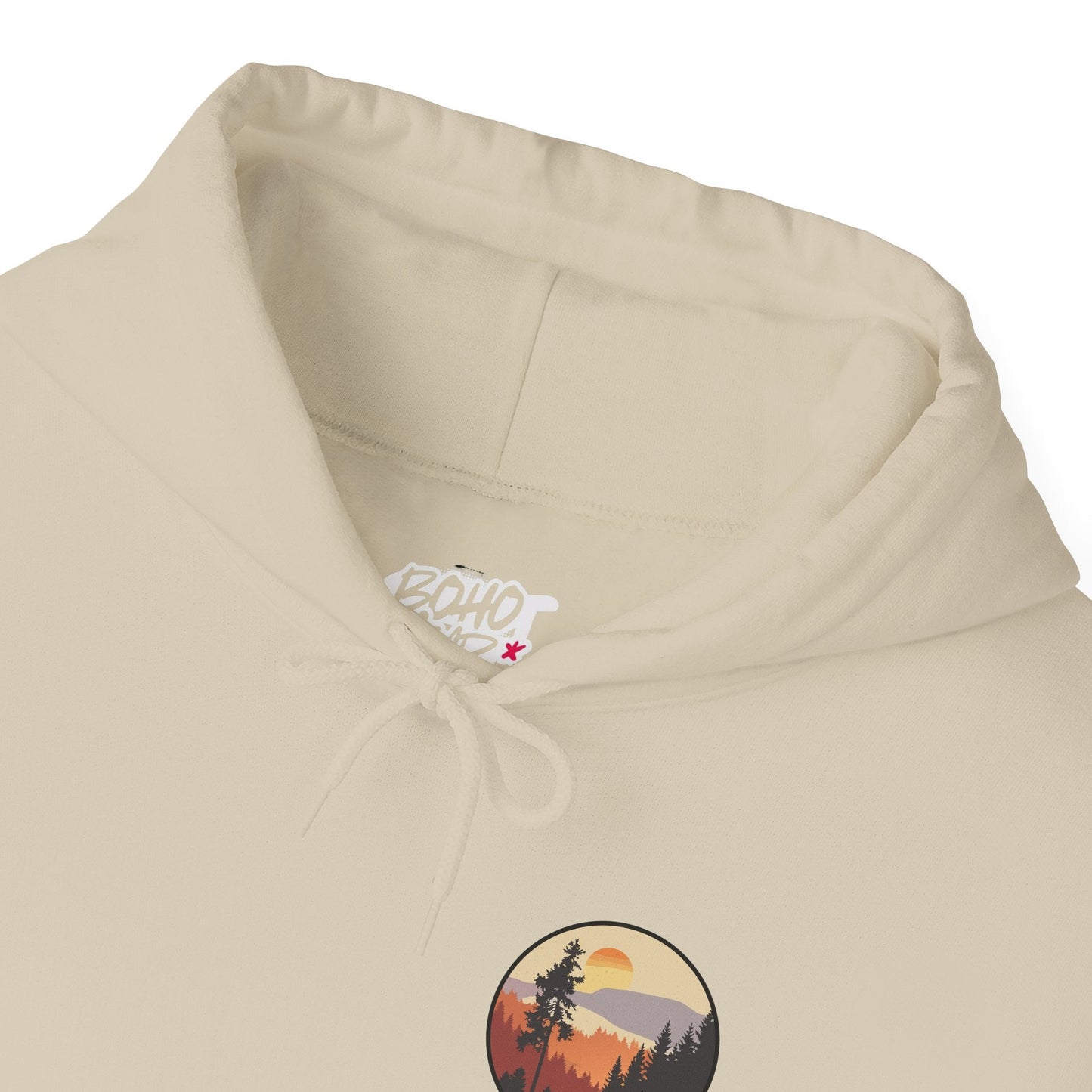 Hooded Sweatshirt GEMLON Sunset Pine Camping Retro Sun Print Graphic Printify