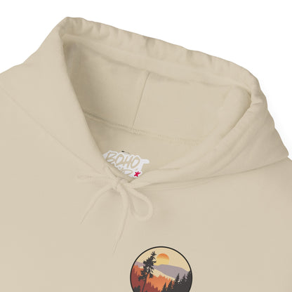 Hooded Sweatshirt GEMLON Sunset Pine Camping Retro Sun Print Graphic Printify