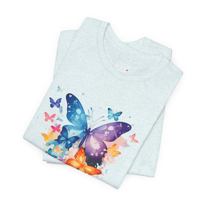 Colorful Butterfly Unisex Jersey Tee, Floral Tee, Butterfly Art Shirt, Gift for Nature Lovers, Summer Style, Nature Inspired Apparel Boho Wear