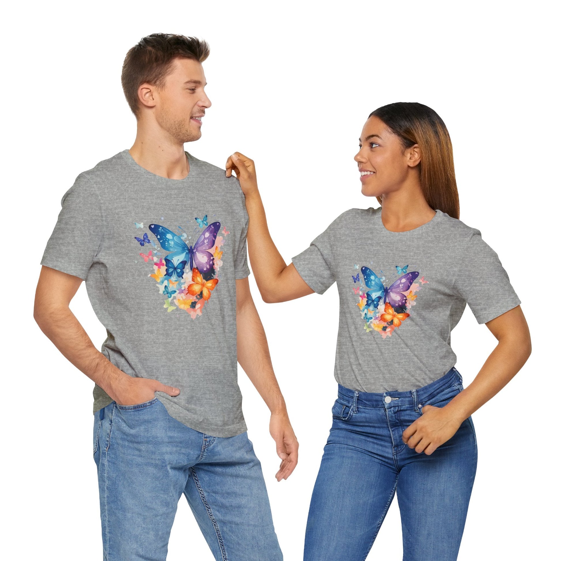 Colorful Butterfly Unisex Jersey Tee, Floral Tee, Butterfly Art Shirt, Gift for Nature Lovers, Summer Style, Nature Inspired Apparel Boho Wear