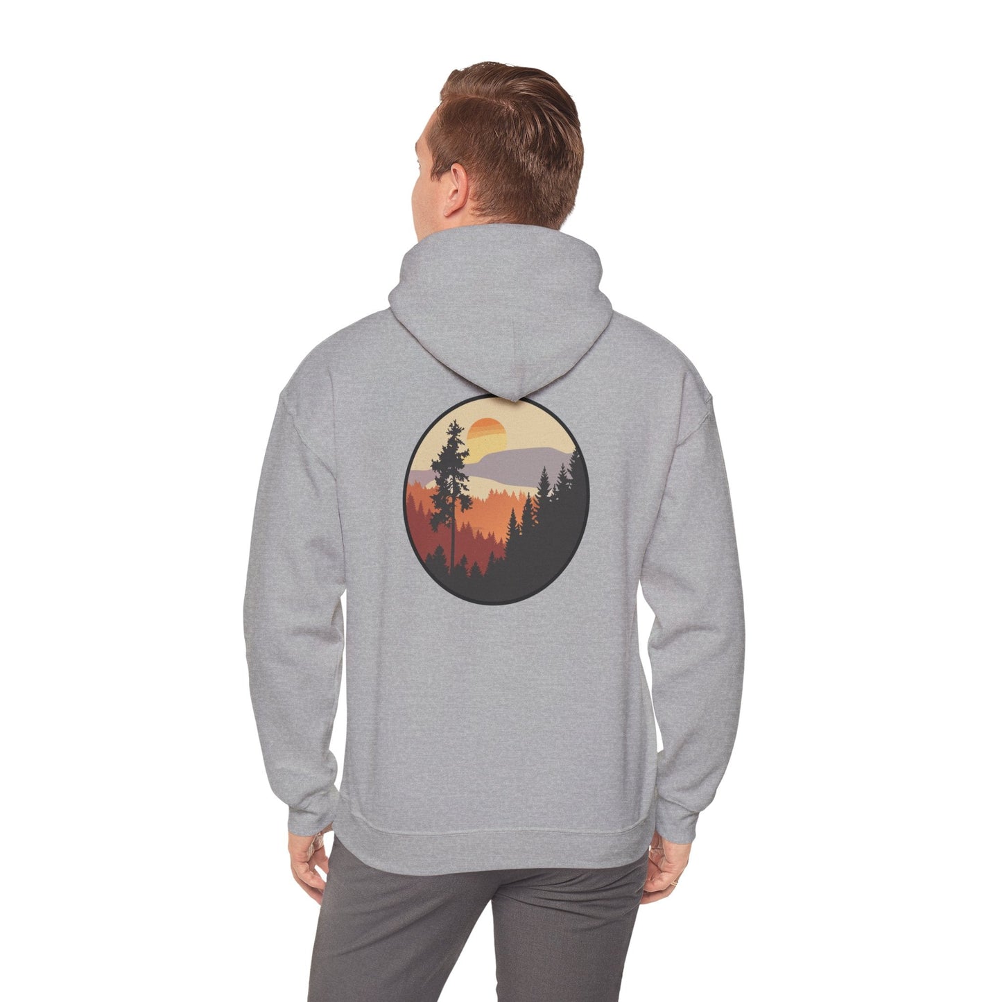 Hooded Sweatshirt GEMLON Sunset Pine Camping Retro Sun Print Graphic Printify