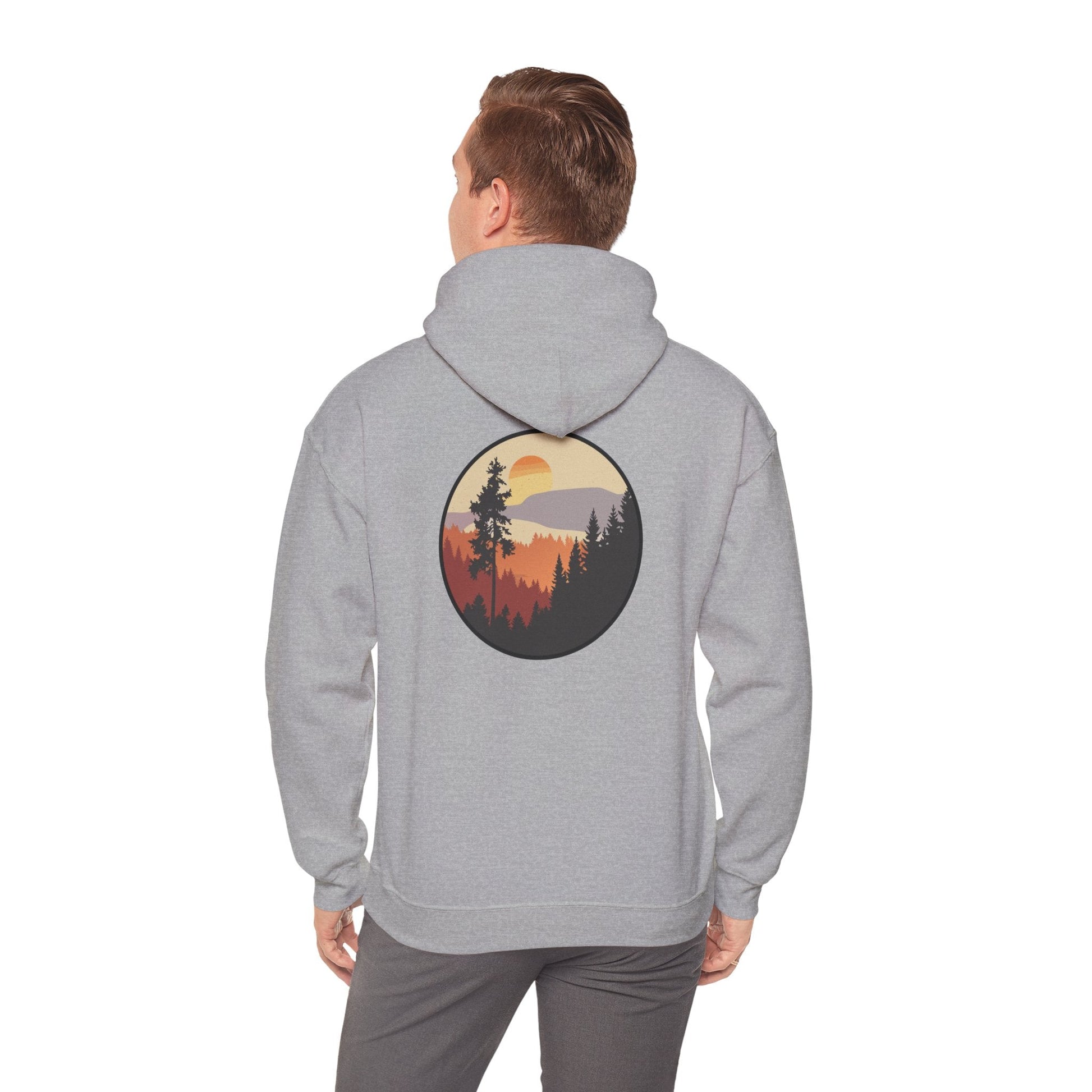 Hooded Sweatshirt GEMLON Sunset Pine Camping Retro Sun Print Graphic Printify