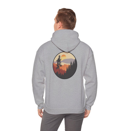 Hooded Sweatshirt GEMLON Sunset Pine Camping Retro Sun Print Graphic Printify