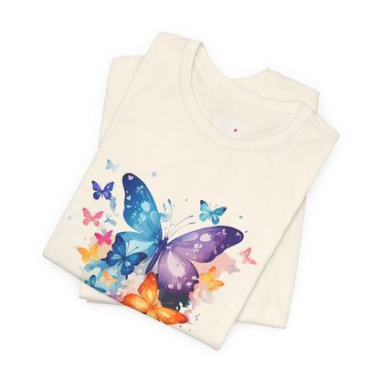 Colorful Butterfly Unisex Jersey Tee, Floral Tee, Butterfly Art Shirt, Gift for Nature Lovers, Summer Style, Nature Inspired Apparel Boho Wear