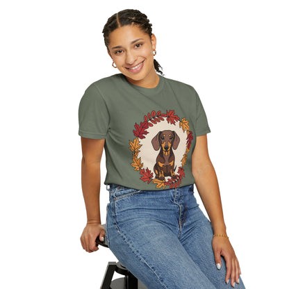Autumn Dachshund T-Shirt, Fall Dog Lover Tee, Unisex Garment-Dyed Shirt, Cute Pet Apparel, Cozy Seasonal Gift Boho Wear
