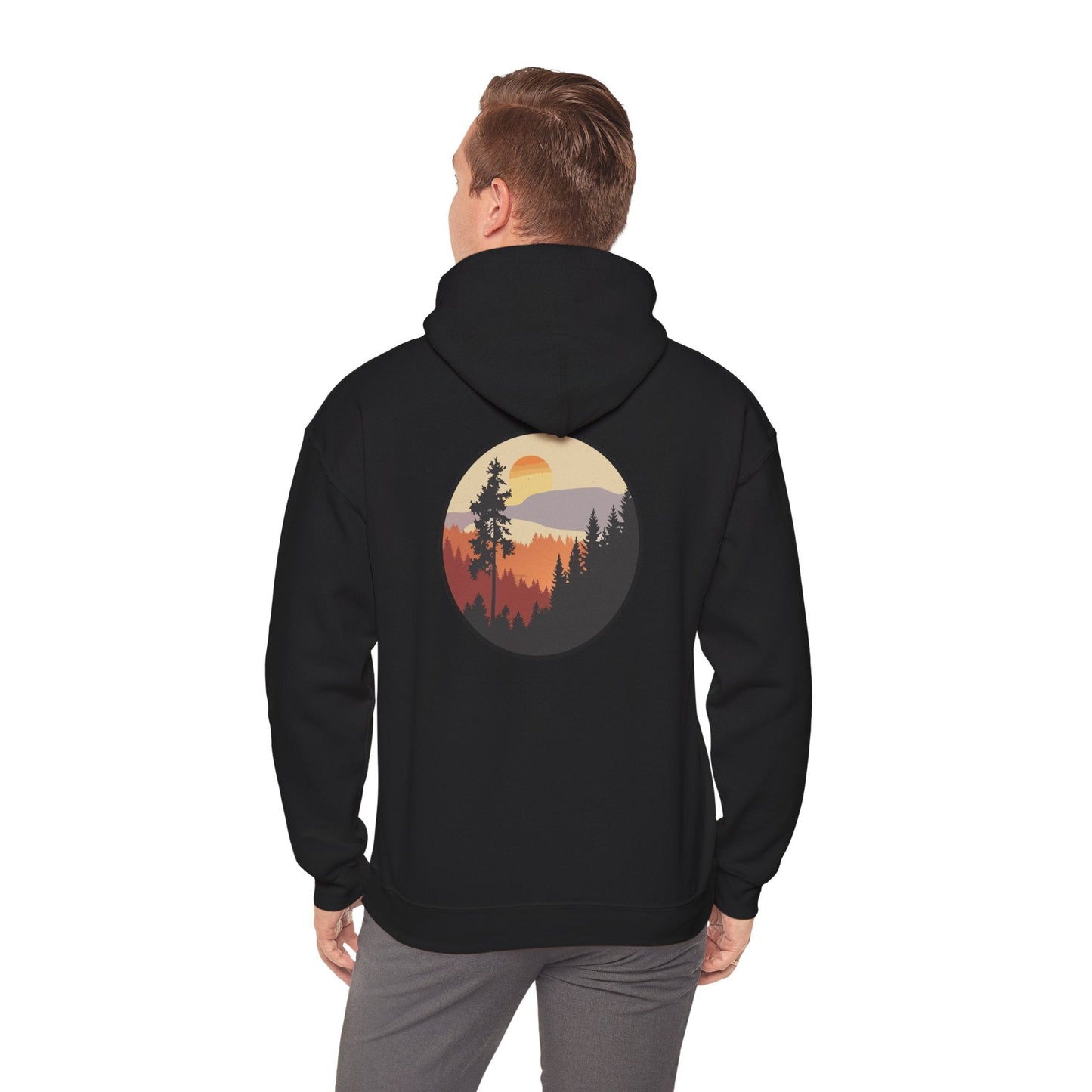 Hooded Sweatshirt GEMLON Sunset Pine Camping Retro Sun Print Graphic Printify