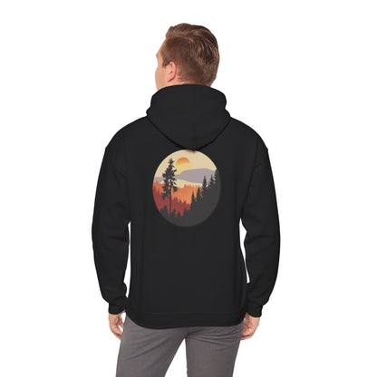 Hooded Sweatshirt GEMLON Sunset Pine Camping Retro Sun Print Graphic Printify