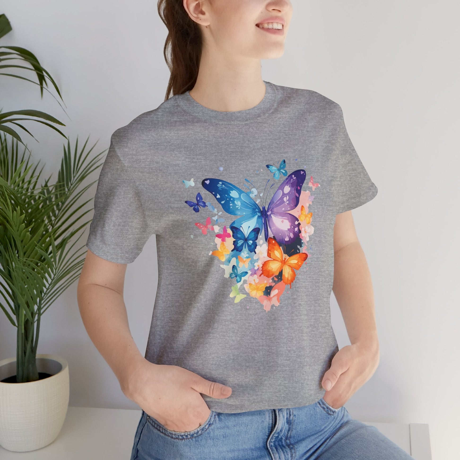 Colorful Butterfly Unisex Jersey Tee, Floral Tee, Butterfly Art Shirt, Gift for Nature Lovers, Summer Style, Nature Inspired Apparel Boho Wear