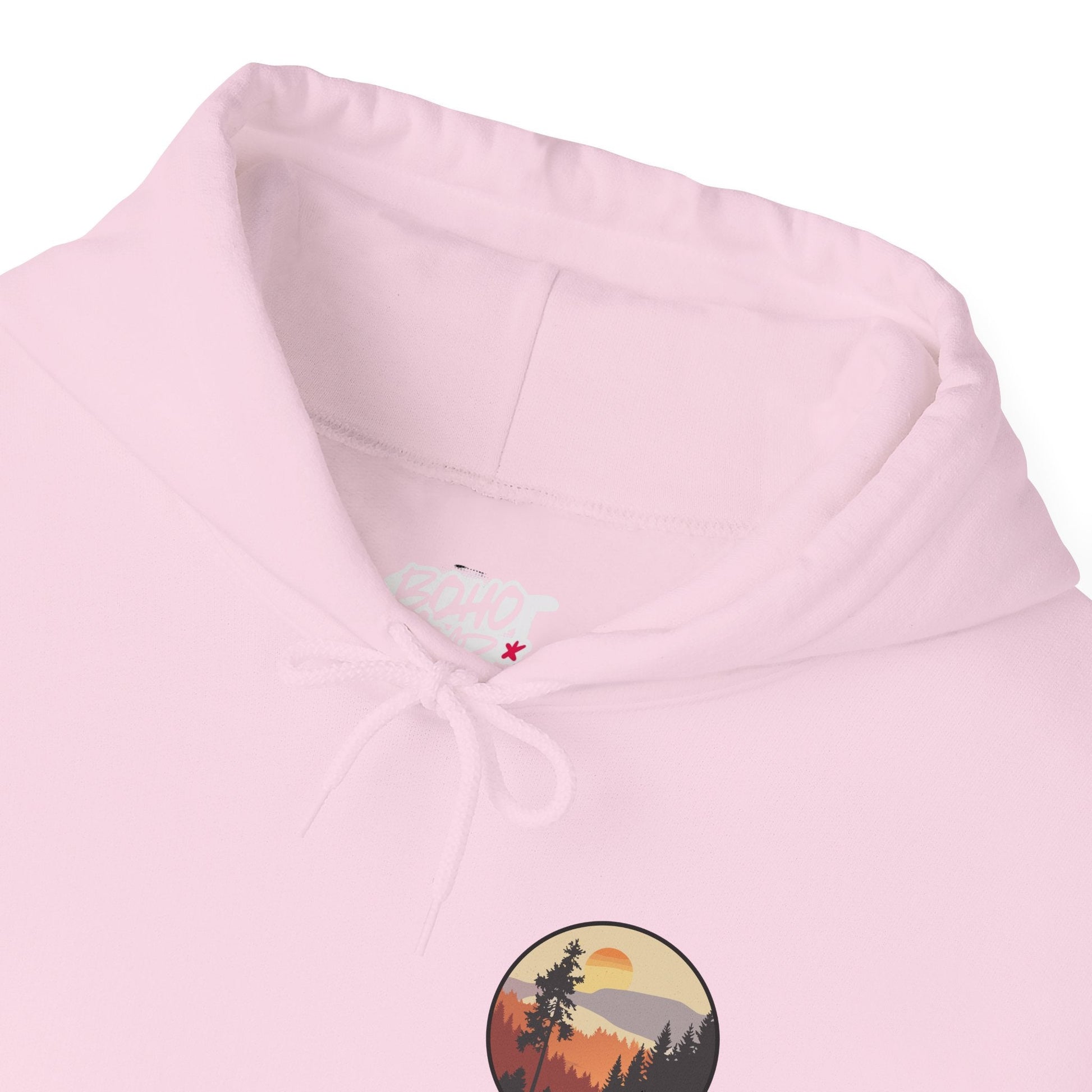 Hooded Sweatshirt GEMLON Sunset Pine Camping Retro Sun Print Graphic Printify