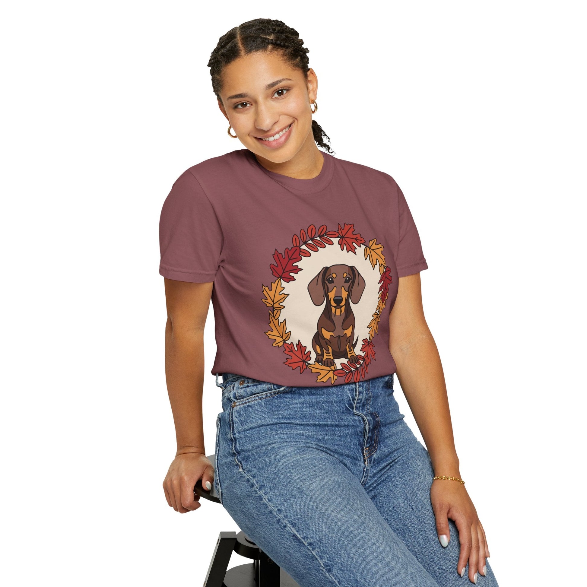 Autumn Dachshund T-Shirt, Fall Dog Lover Tee, Unisex Garment-Dyed Shirt, Cute Pet Apparel, Cozy Seasonal Gift Boho Wear