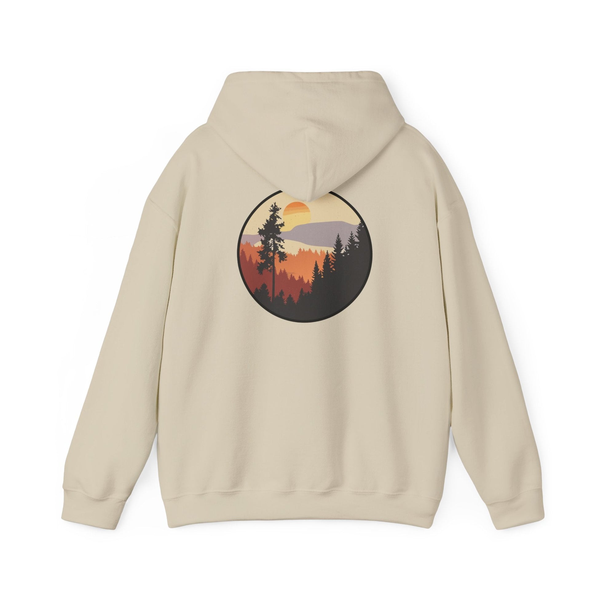 Hooded Sweatshirt GEMLON Sunset Pine Camping Retro Sun Print Graphic Printify