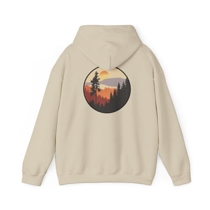 Hooded Sweatshirt GEMLON Sunset Pine Camping Retro Sun Print Graphic Printify