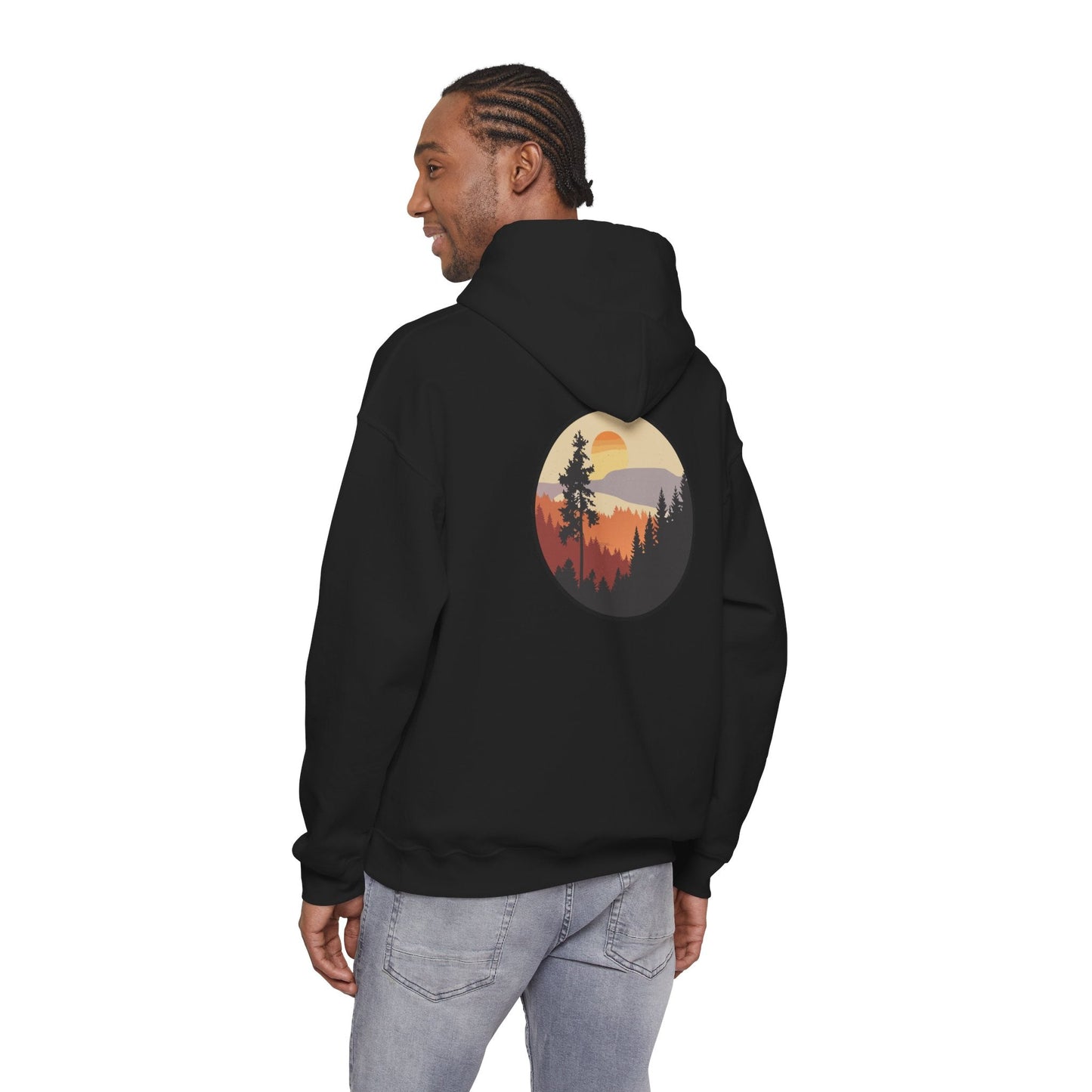 Hooded Sweatshirt GEMLON Sunset Pine Camping Retro Sun Print Graphic Printify