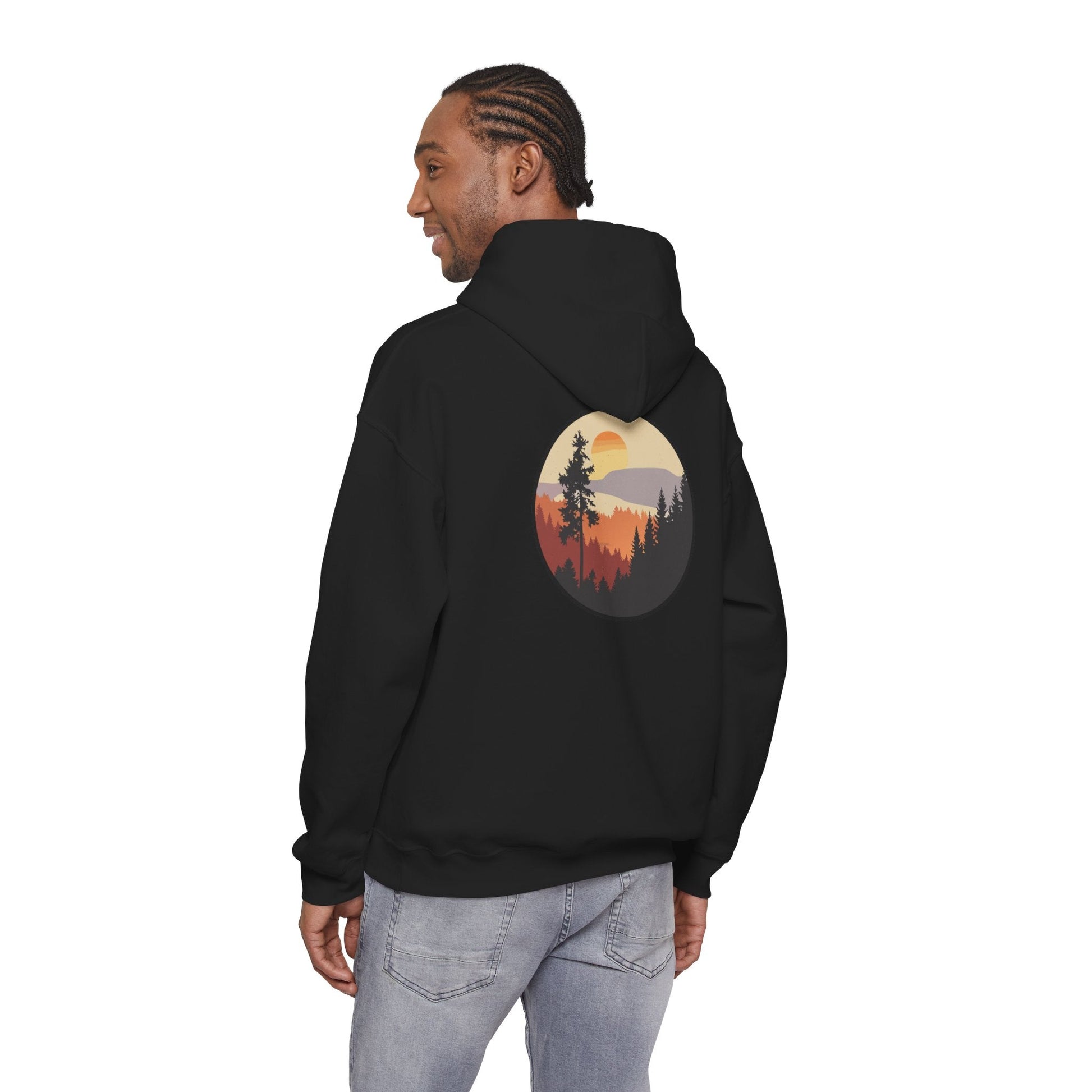 Hooded Sweatshirt GEMLON Sunset Pine Camping Retro Sun Print Graphic Printify
